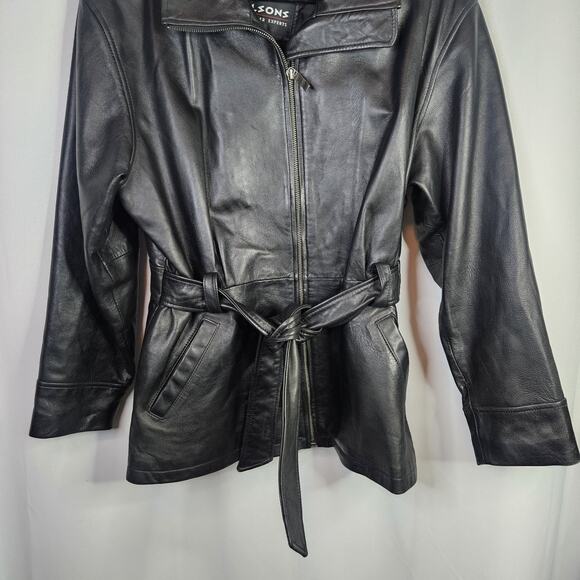 Vtg WILSONS LEATHER Black Leather Jacket Women’s Large Belted Midi Trench Coat - Picture 3 of 10